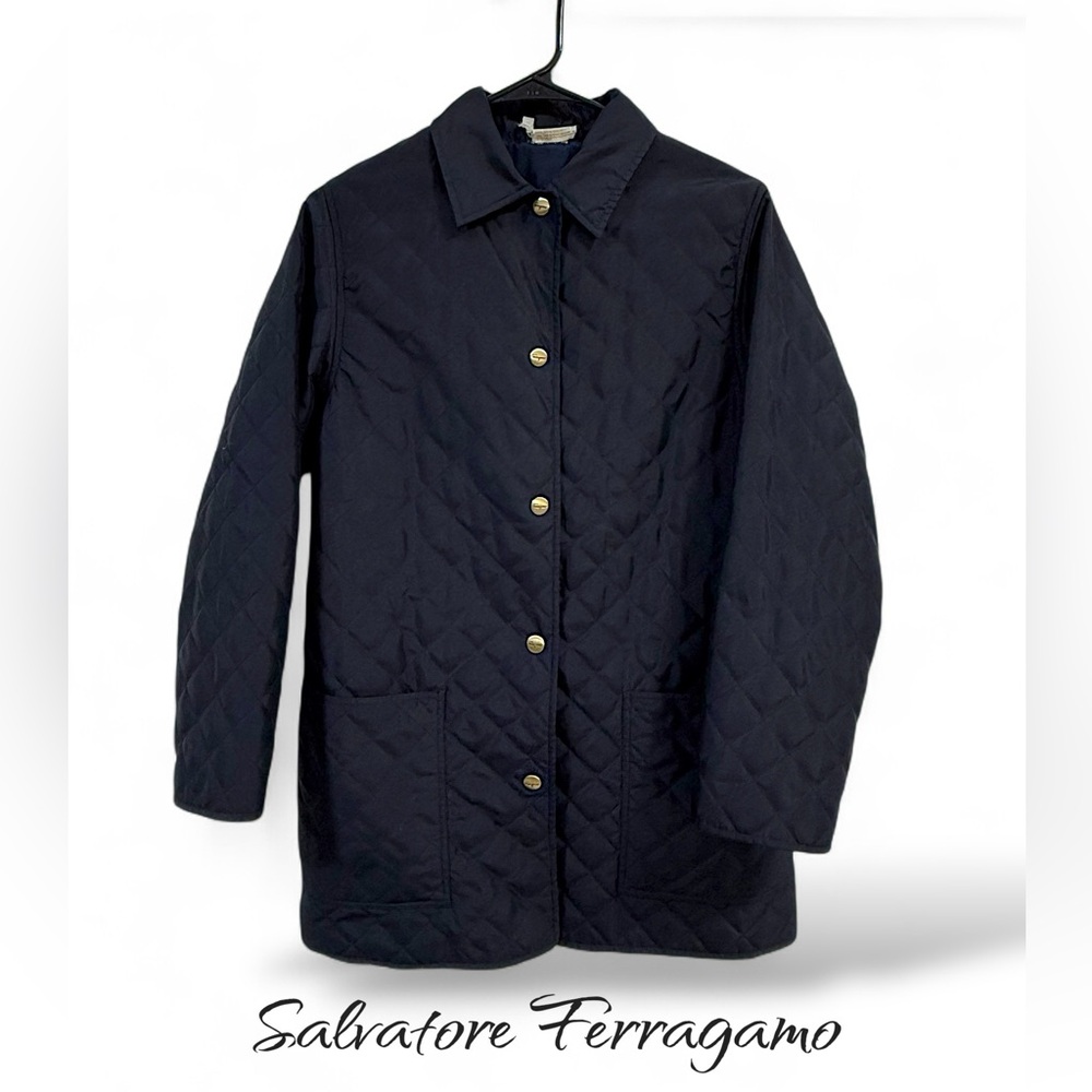 Salvatore Ferragamo Quilted Navy Jacket with Gold Buttons like new